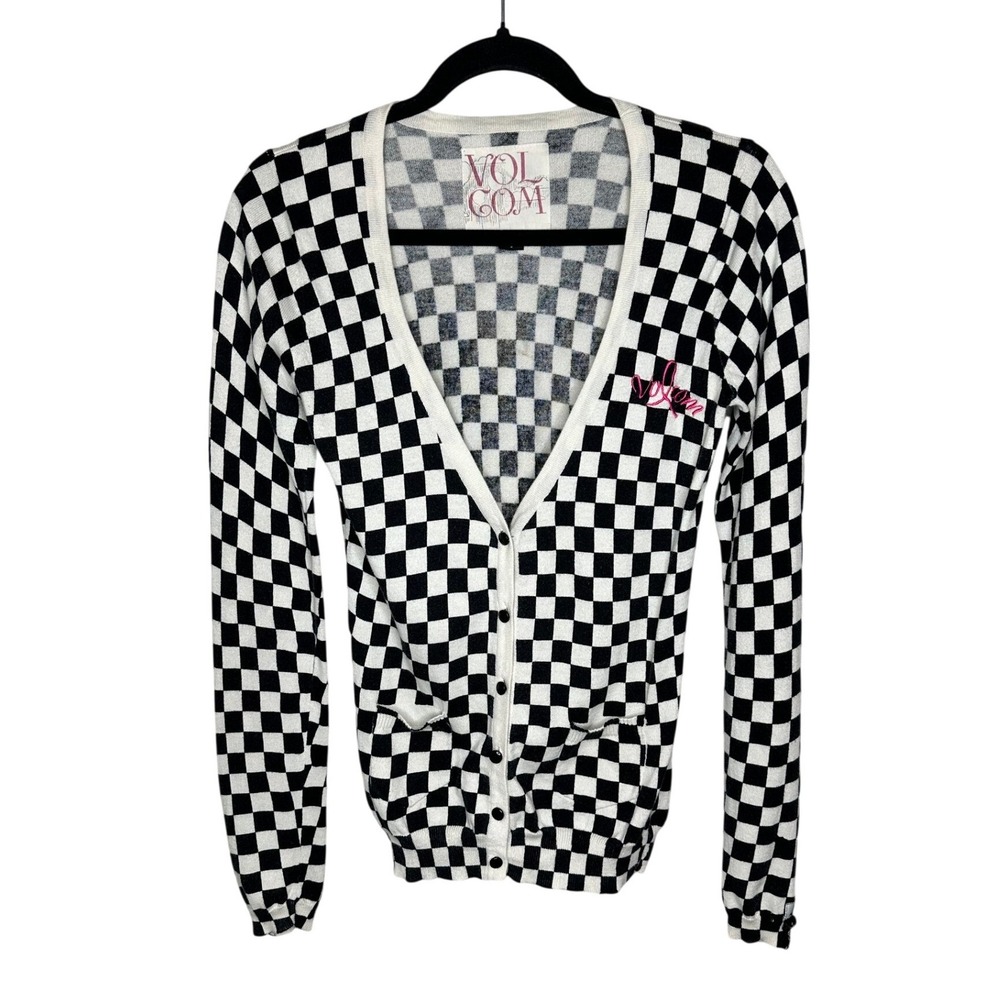 Volcom Checkerboard Knit Cardigan Sweater Womens S Black White V-Neck Skater EUC